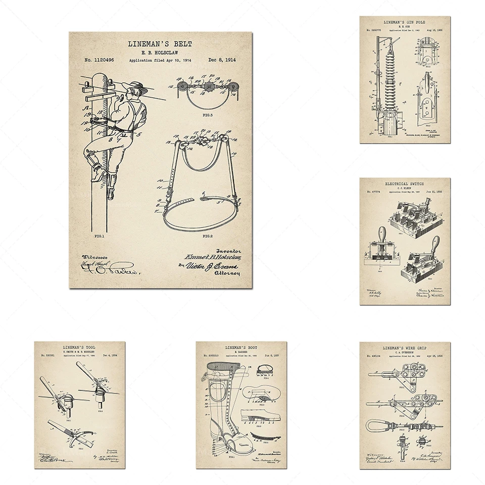 A set of 6 pieces of retro thread work patent printing. Informer wall art. Informant decoration. Powerline technician electricia
