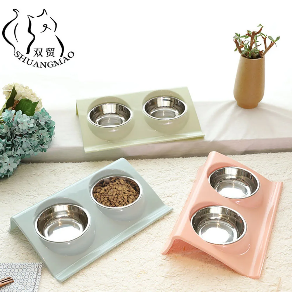 

SHUANGMAO Hot Pet Cat Double Food Bowl Cats for Dog Water Feeder Stainless Steel Drinking Bowls Kitten Protect The Neck Feeding