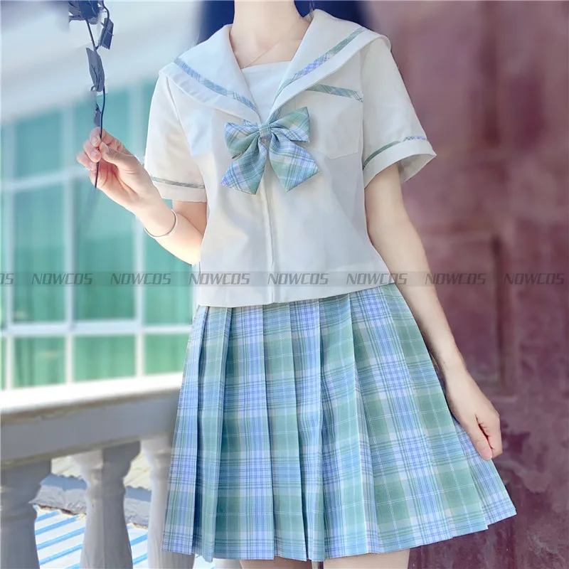 [Cedar] Formal JK School Uniform Japanese Students Girl Short sleeve High Waist Green Plaid Pleated Skirts Women Dress Anime