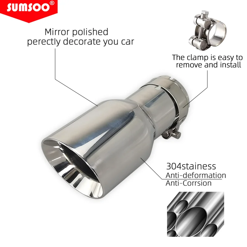 Genuine SUMSOO 1 Piece Top Quality 304 Stainless Steel Universal Exhaust System End Chrome Pipe+Car Exhaust Tip