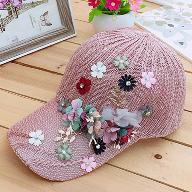 Elegant Women\'s Baseball Cap Hot Diamond Flower Girls Snapback Hats Woman Female Cap Mesh Summer Sun Hat