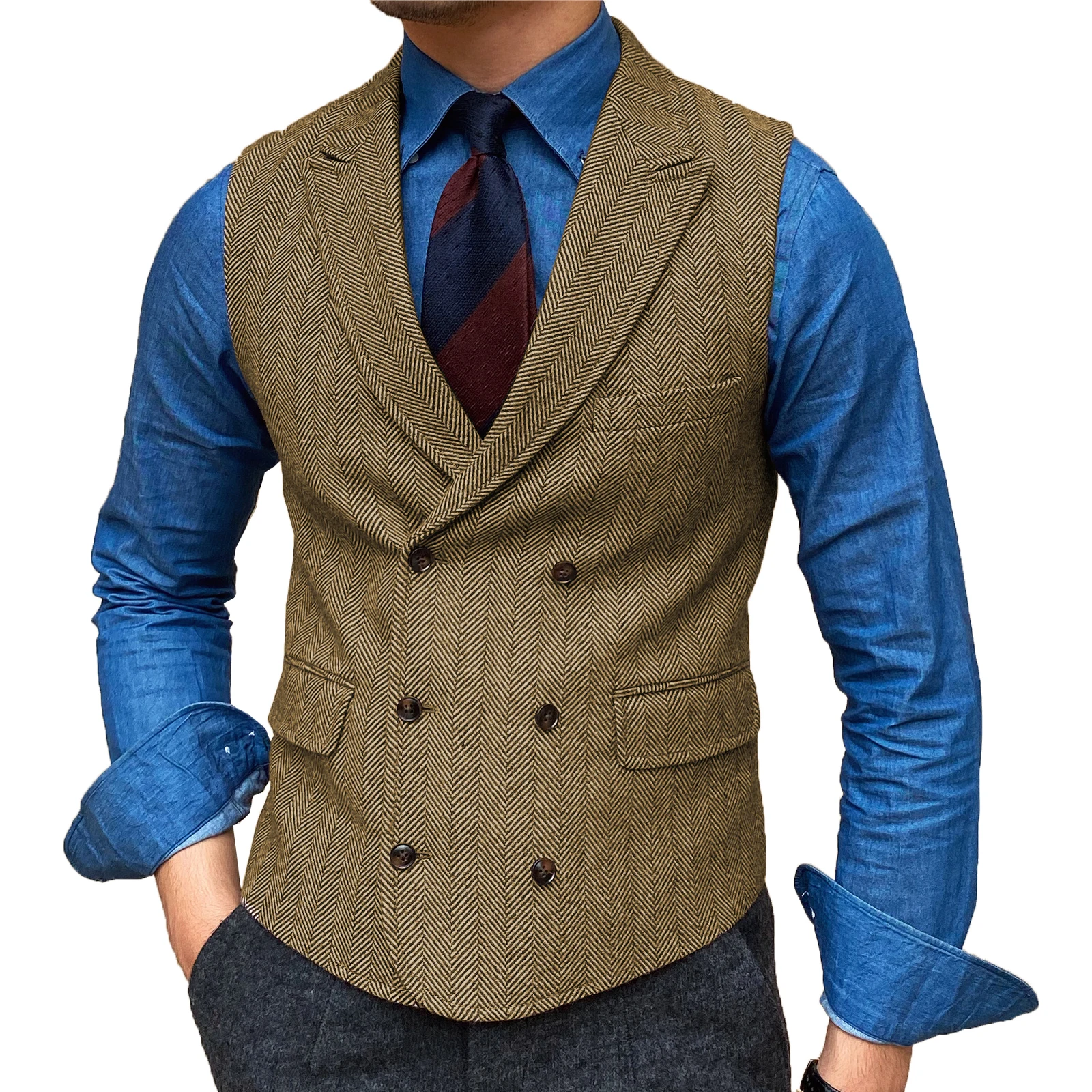 Mens Waistcoat Lapel Neck Wool Brown Retro Waistcoat Casual Formal Pocket Business Slim Fit Vest Groomman For Wedding Working