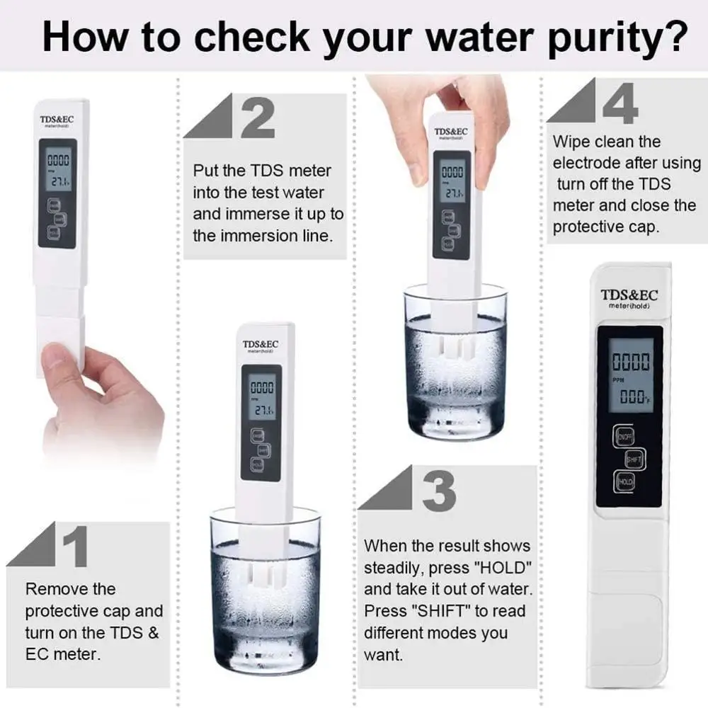 Digital Water Quality Tester TDS EC Meter Range 0-9990 Multifunctional Water Purity Temperature Meter TEMP PPM Tester