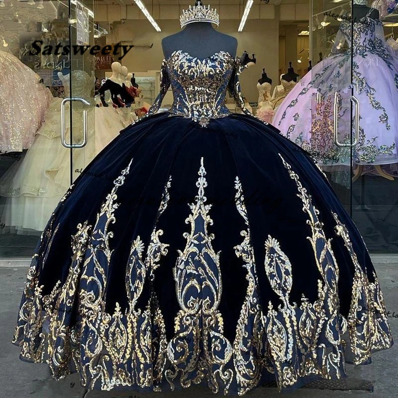 Navy Blue Velvet Princess Quinceanera Dress Ball Gown Sequins Lace Applique Vestido Mexicano Style Sweet 15 Prom Gown