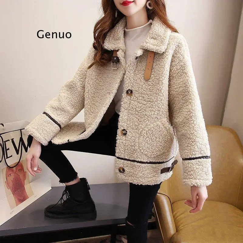 Thick Soft Fleece Jacket Faux Wool Jacket Women Pocket Buttons Overcoat Double Leather Buckle Lapel Windproof Teddy Plush Coat