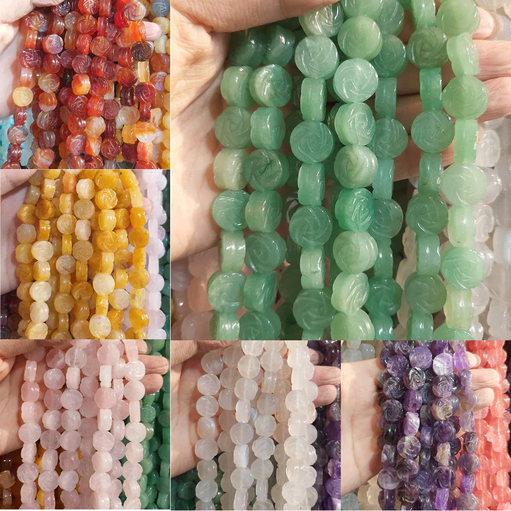 14x7mm Natural Semi-precious Stone Loose Beads Strand DIY Making Bracelet Necklace Accessories Double-sided Carved Rose Beads