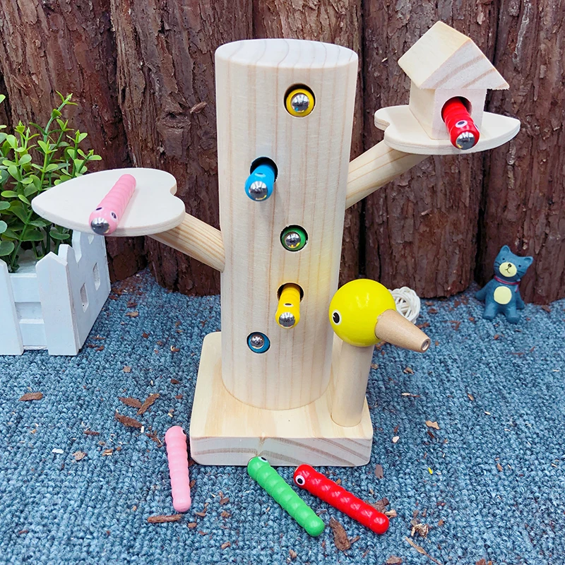 Fishing Toy Magnetic Fishing Rod 4pcs and Bugs set Kids Wooden Caterpillar 20PCS Magnet Fishing Game Accessories for 2 Year Baby