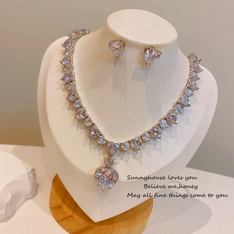 Bridal Jewelry Sets For Women S925 Sterling Cubic Zirconia Heart Necklaces Pendants Earrings for Wedding Fine Accessories
