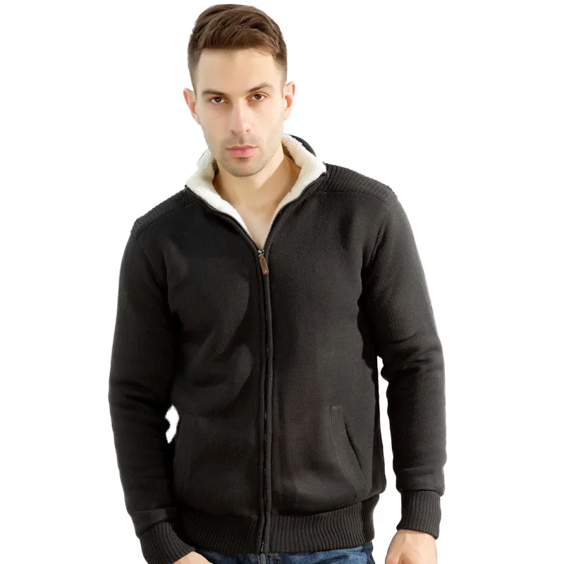 

Men's Plus-sized Thick Cashmere Lining Zip Cardigan Stand-Collar Cotton-padded Clothes Sweater Jacket