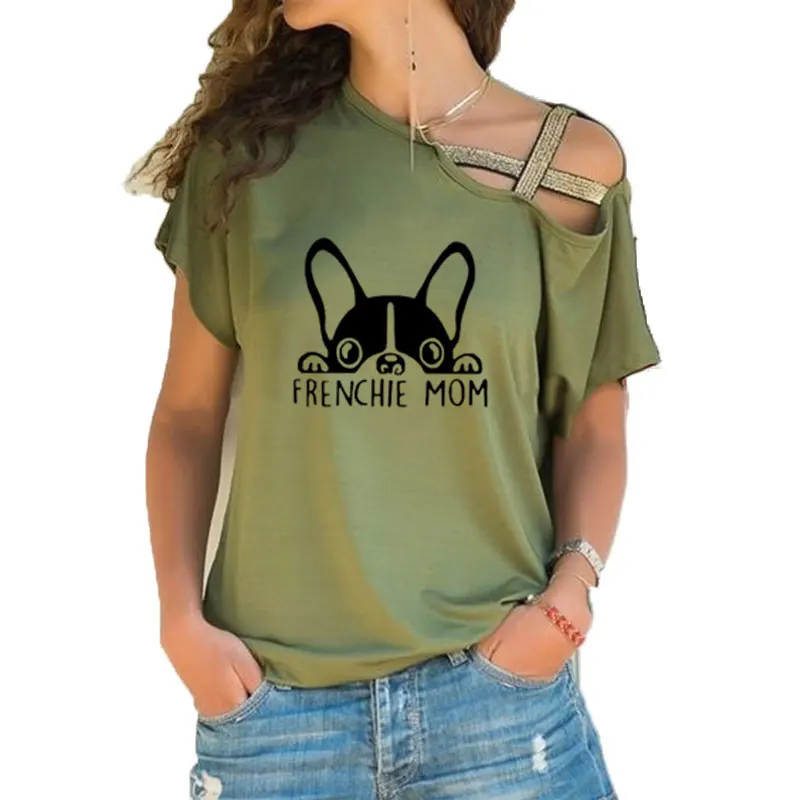 Frenchie Mom Women Tshirt French Bulldog Mom Print Tee Shirt Women Clothes Summer Casual Irregular Skew Cross Bandage tee tops