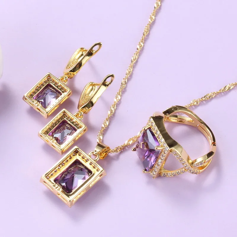 Mexican Jewelry Sets Gold-Color Romantic Wedding Bridal Accessories Purple Crystal NecklaceAnd Earrings Bracelet Sets