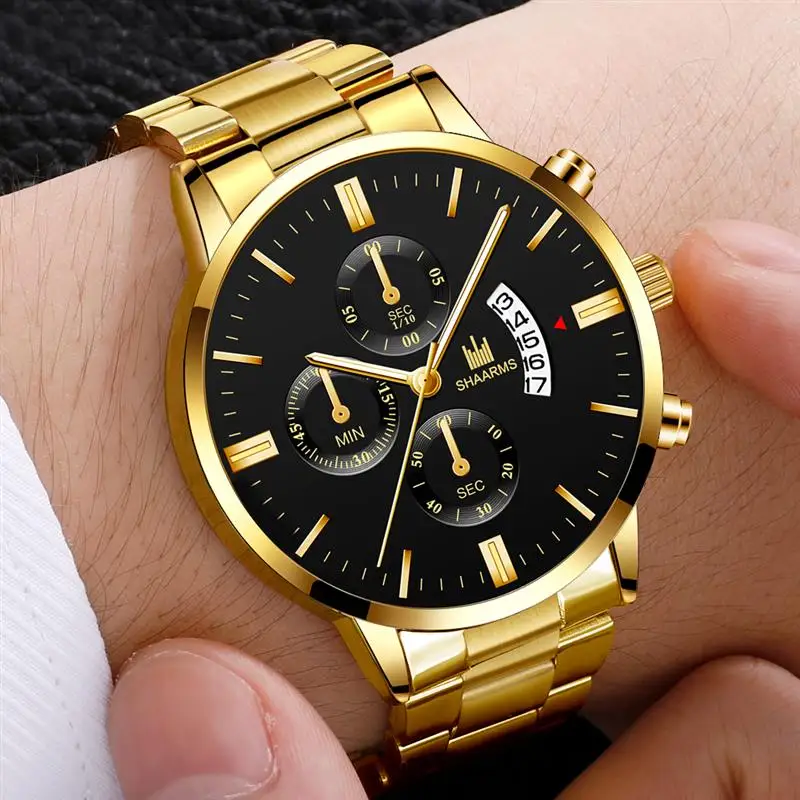 Nice Men Plush business Military Quartz watch golden stainless steel band men watches Date calendar male clock Relogio direct