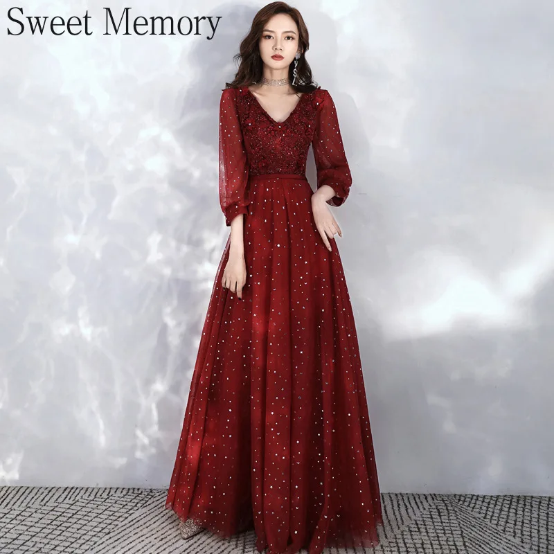 J1130-vestido de noche de manga larga rojo vino para niña, Vestidos de cumpleaños con apliques de flores, Túnica de tul con cordones, Vestidos de fiesta para mujer