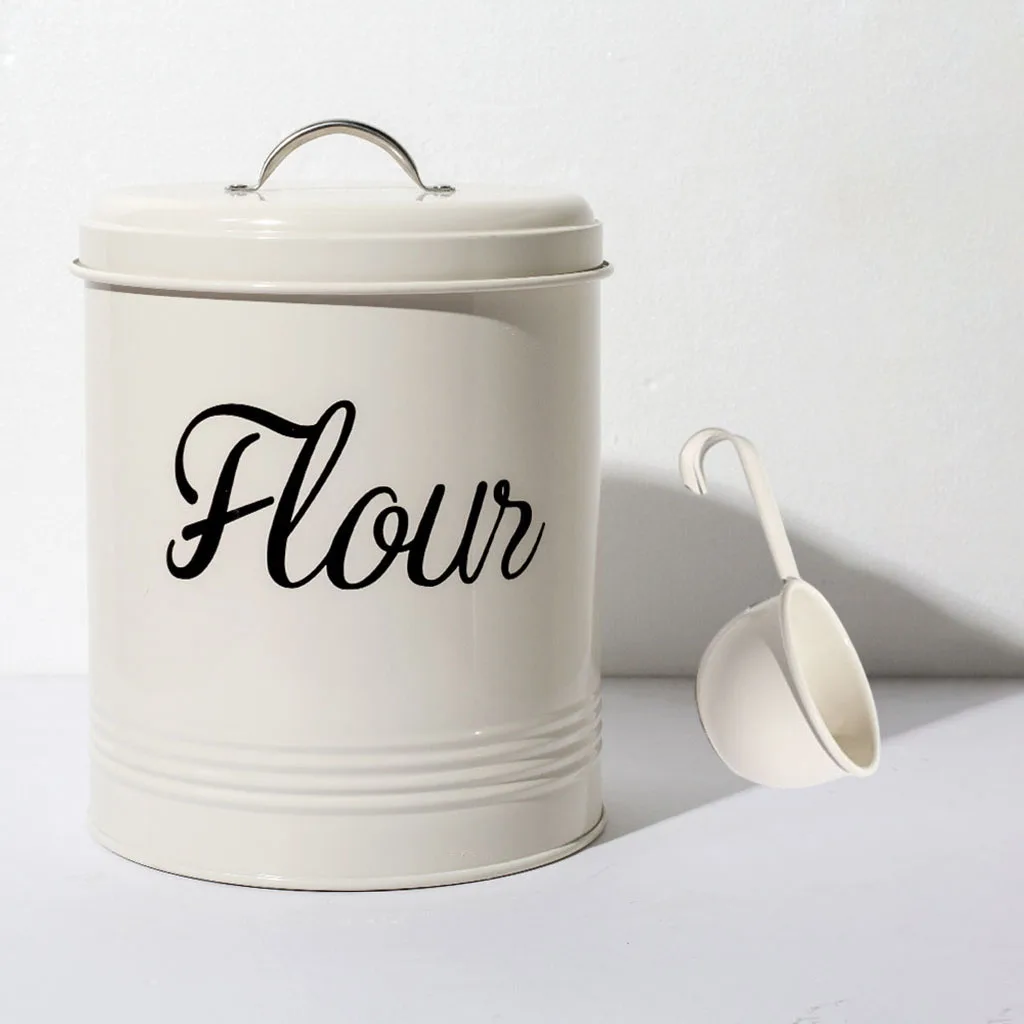 Vintage Style Metal Food Flour Storage Tin Jar 5L Container, Airtight Sealed Lid with Scoop