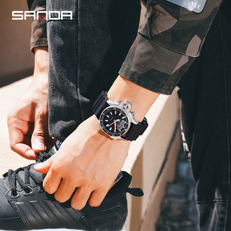 SANDA-reloj deportivo Digital de cuarzo para hombre, cronógrafo creativo de buceo, alarma, resistente al agua, con pantalla Dual, Masculino