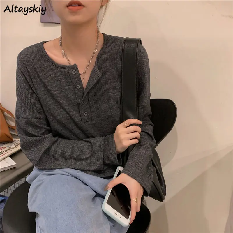 Koszulki z długim rękawem damskie eleganckie, proste, czyste koszulki z guzikami wzorem Retro Ins jesienne koszulki damskie Top wszystkie mecze w stylu BF Mujer