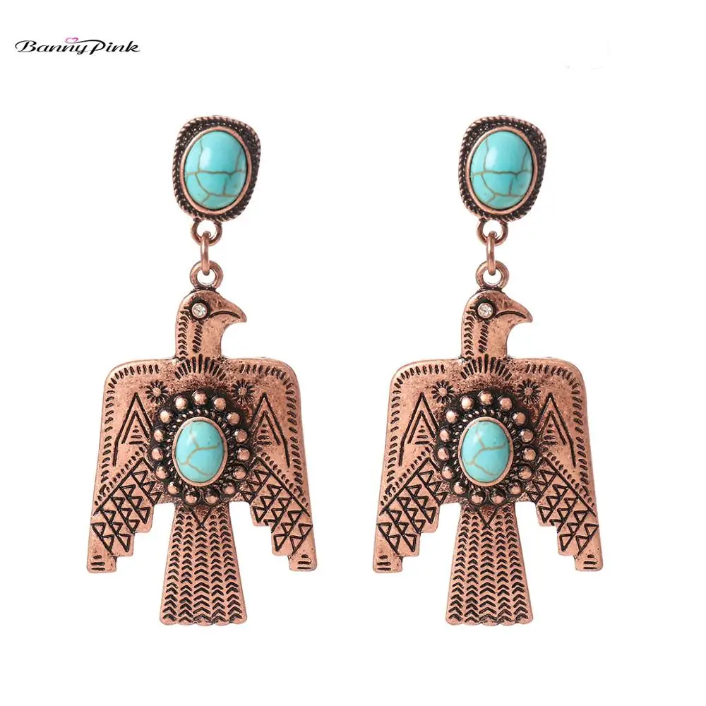 Banny Pink Vintage Peace Pigeon Stud Earrings For Women Tribal Carved Pattern Eagle Post Earrings Ethnic Geometric Stone Earring