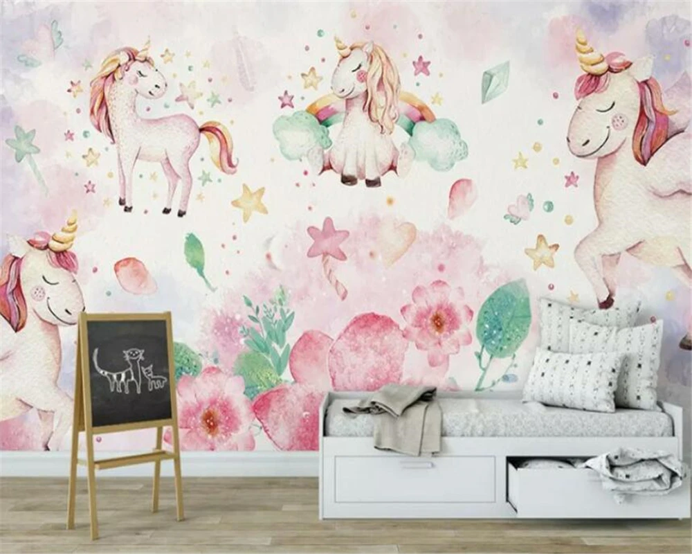 Customized 3d pink Nordic minimalist unicorn boys and girls children\'s room background wall murals Decorative 3d wallpaper