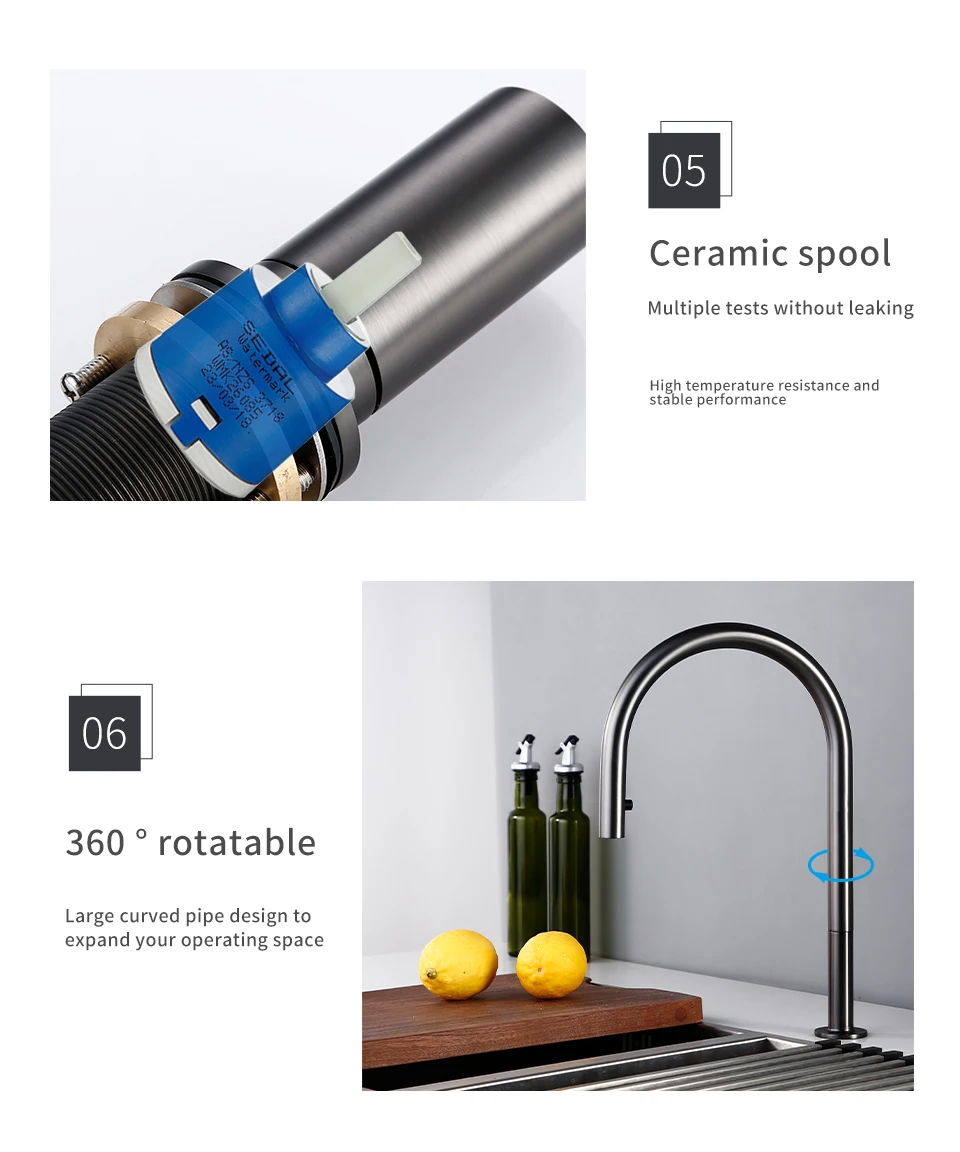 Pull Down Kitchen Sink Faucet Brushed Gunmetal Black Single Handle Double Hole Hot And Cold Sprayer Brass Countertop Mounted