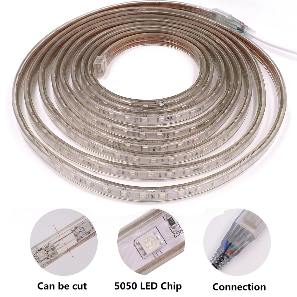 Waterproof LED Strip Light 5050 RGB 220V 230V 240V AC 60LEDs/m Remote Control Flexible Led Ribbon Tape Outdoor Decoration