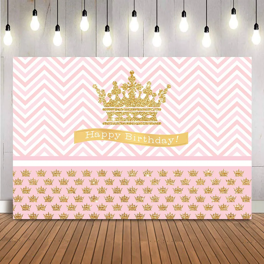 Happy Birthday Gold Crown Backdrop Pink Stripes Customize Newborn Girl Glitter Background for Photographic Studio Photocall Prop