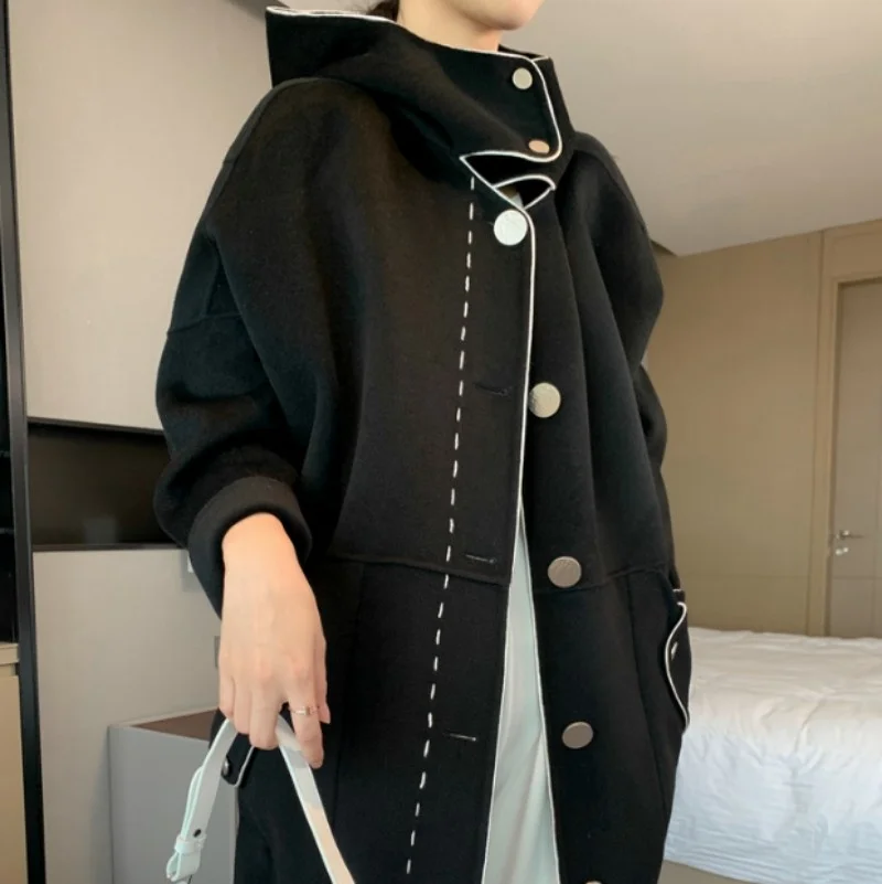 Quality High 2022 New Autumn Winter Wool Coat Women Single Breasted Preppy Style Hooded Long Jacket Loose Fit Straight Overcoat