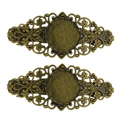 2Pcs Metal French Hair Clip Antique Bronze Floral Barrette with Blank Cabochon Setting Non-Slip Strong Grip for Hair Handmade