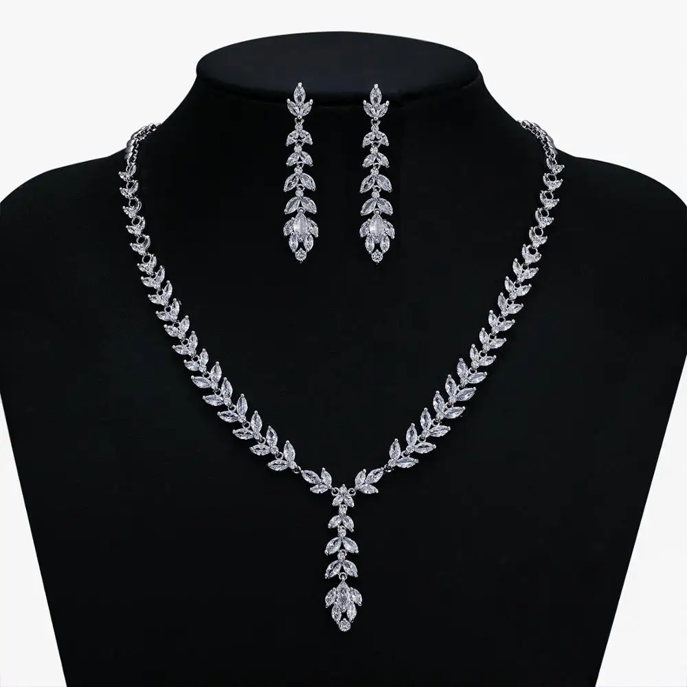 

Full 3A Cubic Zirconia Wheat Design Bridal Wedding Necklace Earring Set Top Quality Women Prom Party Jewelry Sets CN10145