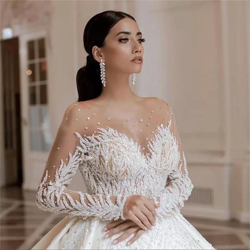 Luxury Arabic Dubai Beads Crystals Ball Gown Wedding Dresses 2022 Vestido de Noiva Soft Tulle Long Sleeve Wedding Bridal Gowns