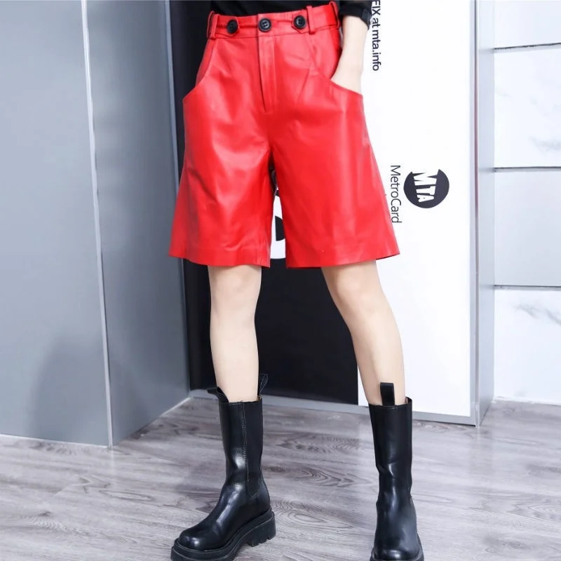 Women Luxury Natural Sheepskin Shorts Loose Casual Straight Cargo Shorts Khaki Streetwear Hip Hop Female Genuine Leather Shorts