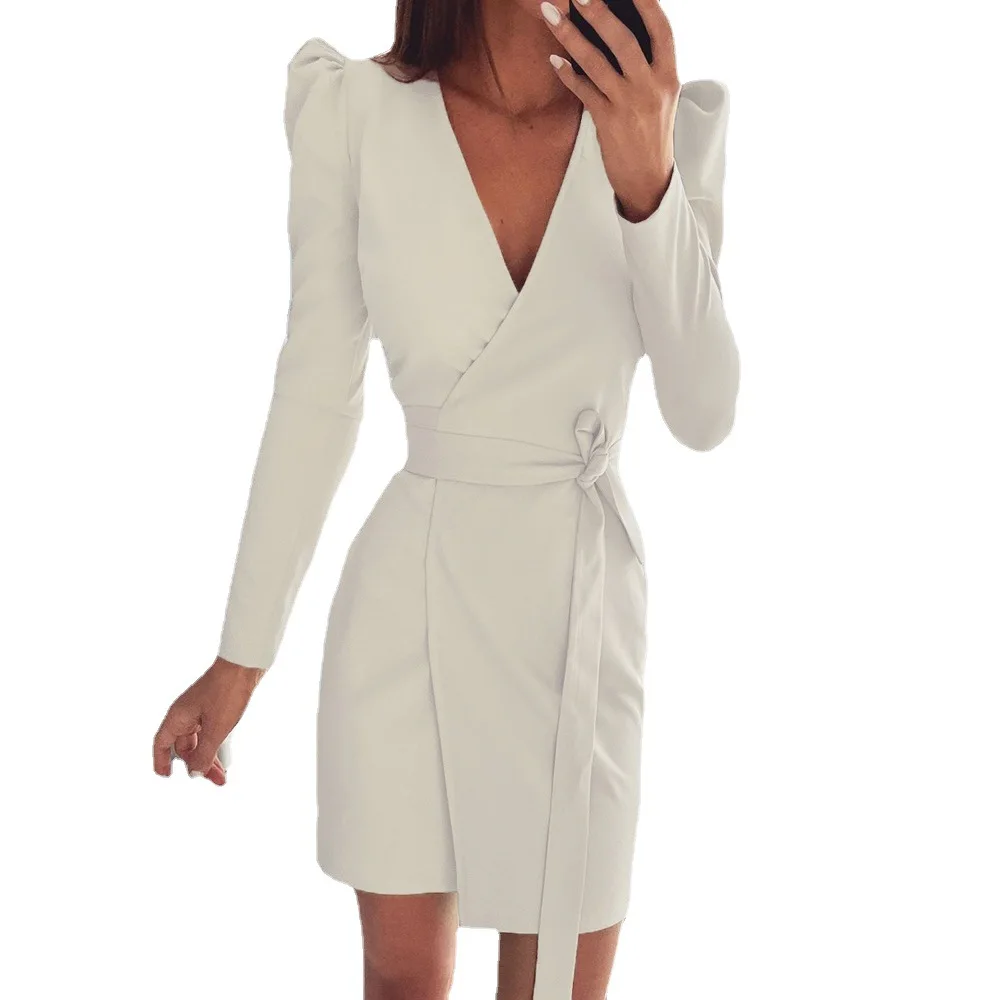 Women's Clothes Hot-Selling 2021 Fall V-neck Pleated Shoulder Slim Belt Mid-Length Dress Women's Clothing