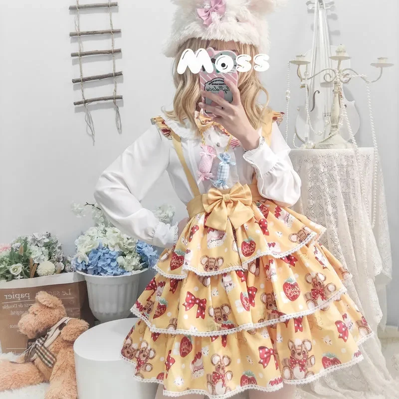 Jupe Lolita japonaise pour étudiantes, tenue Kawaii Vintage, Falbala mignon imprimé, sangle à nœud papillon, Lolita Cosplay Cos Loli