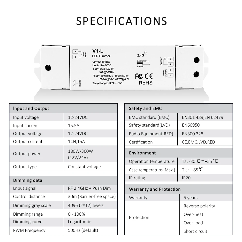 MJJC Dimmer 12V DC 15A LED Dimer 24V Touch Switch Dimmable 2.4G RF Remote Control R11 V1-L for Single Color LED Light Strip