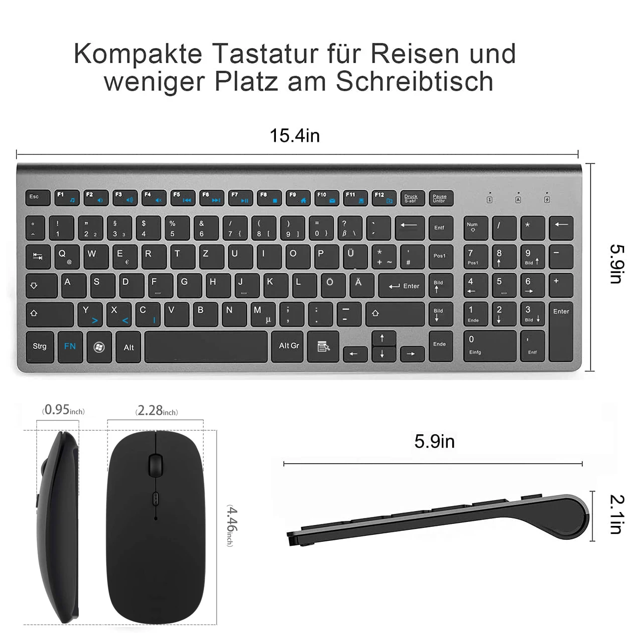 German Wireless QWERTZ Keyboard and Mouse Combo Ultra Slim 2.4G Silent Compact Scissor Key Keyboard Set for PC Laptop tv box