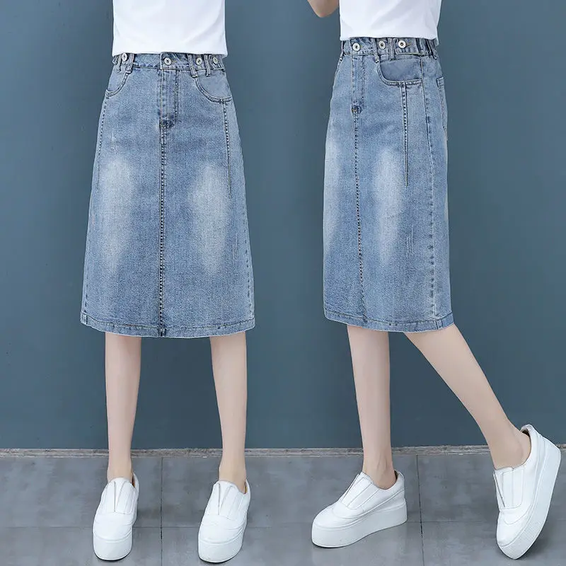 Denim Skirt High Waist A- line over the Knee Elastic Waist Light Color Denim Skirt