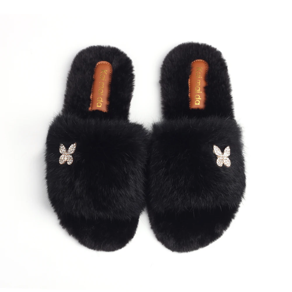 Women's Slippers Shoes Faux Fur Slides Luxury Rhinestone Crown Flat Sandals Designer Flip Flop Female Winter Plush Slippers 2022