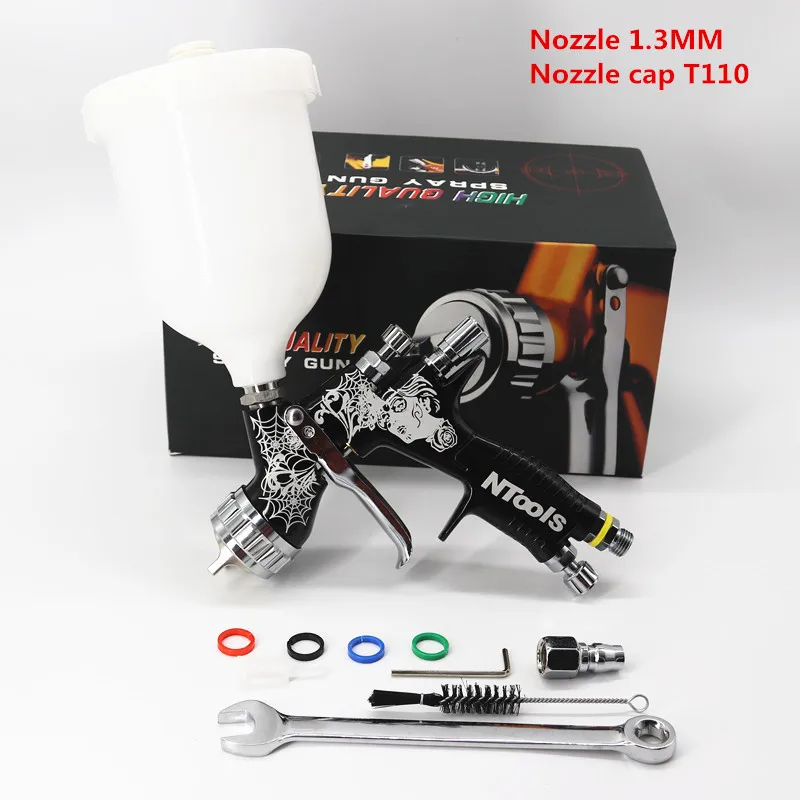 

Профессиональный черный краскопульт NTOOLS TE20/T110 с соплами 1.3/1.8 мм, высококачественный пневматический краскопульт для работы с водорастворимыми красками.
