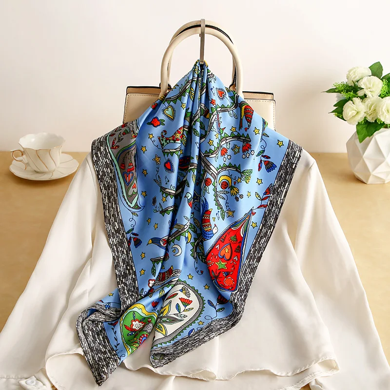 90*90cm Luxury Brand Women Silk Scarfs Print Square Scarves Spring Summer Shawls For Ladies