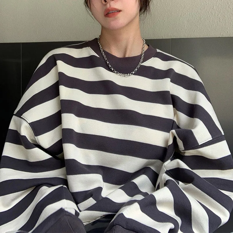 Sweatshirts Women American Style Striped All-match Basic Classical O-neck Girls Bf Lazy Street Wear Fashion Casual Feminino Chic