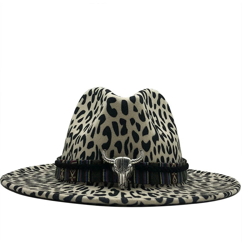 Unisex Flat Brim Wool Felt Jazz Fedora Hats Men Women Leopard Grain Leather Band Decor Trilby Panama Formal Hats 2020 new