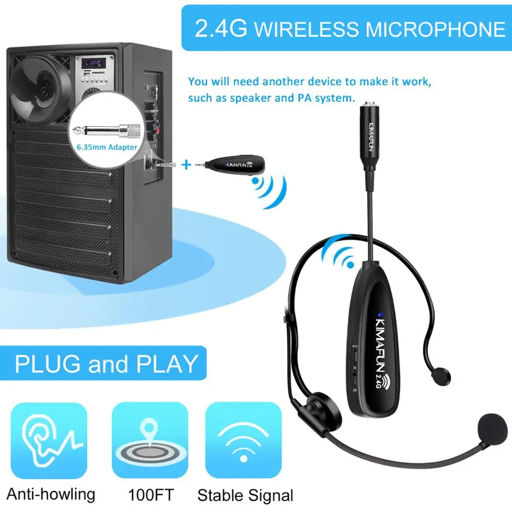 KIMAFUN 2.4G Portable Headset Wireless Microphone,2 in 1 Headset & Lapel Mic For Speaker,Power Amplifier,Meeting Class Teaching