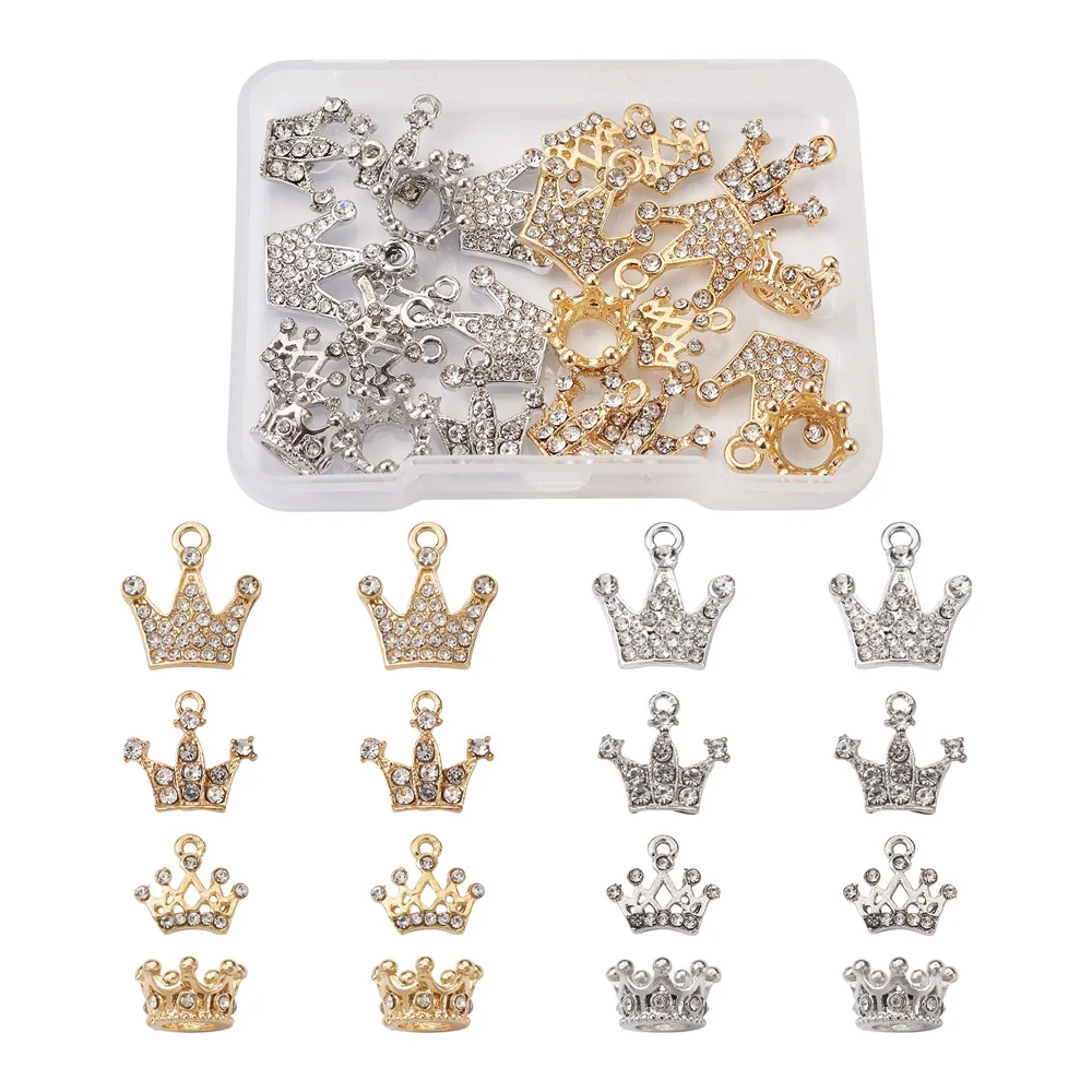 

32Pcs Alloy Rhinestone Crystal Crown Pendants Charms Gold Silver Color Crowns For DIY Necklace Earring Dangle Jewelry Making