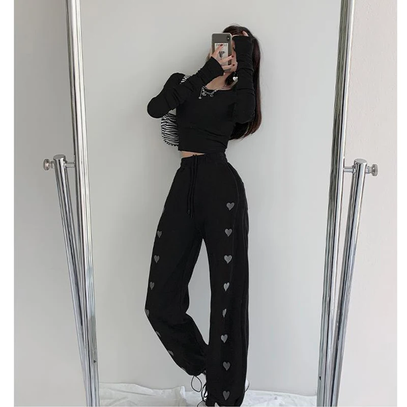 Korean Women Casual Loose Heart Print Streetwear Sweatpants Femme High Waist Harajuku Trousers Wide Leg Sport Jogger Harem Pants