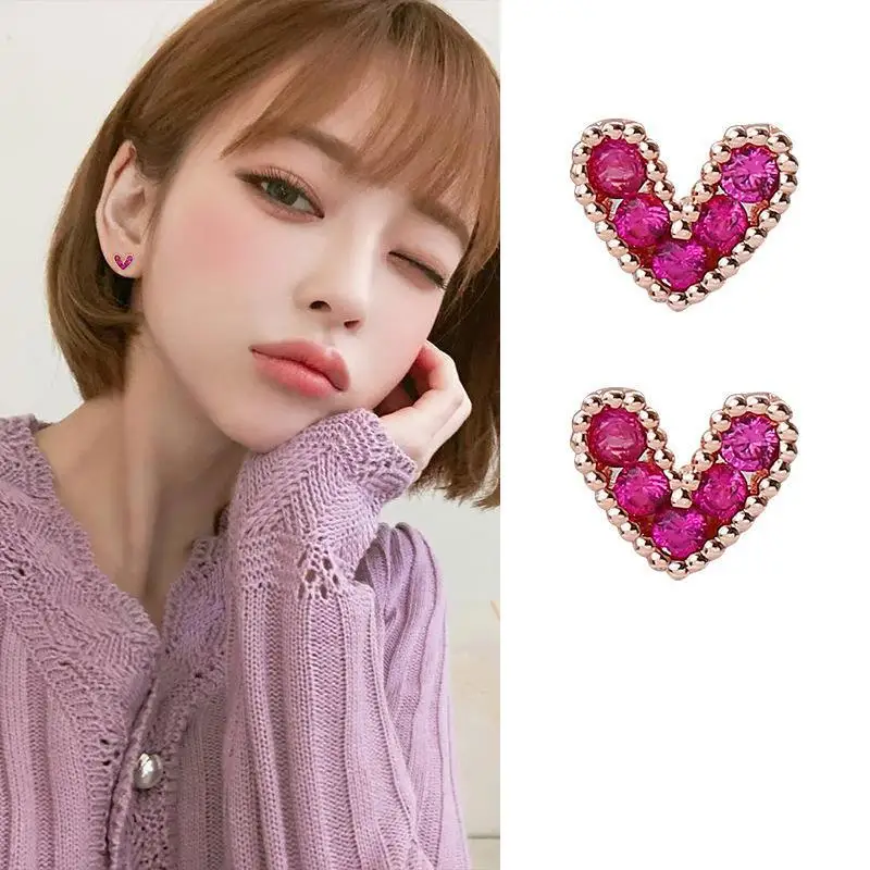 Fashion Hot Sale Sweet Peach Heart Pink Inlaid Zircon Shiny Mini Stud Earrings Faded Wild Valentine Gift Wedding Ear Jewelry