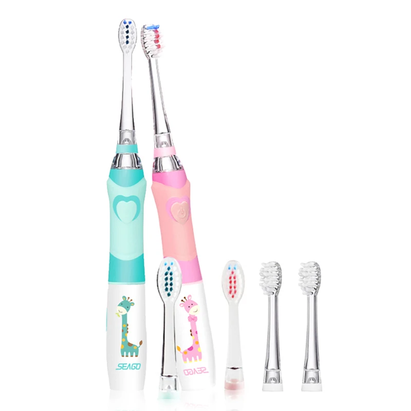 SEAGO Kids Children Electric Toothbrush for 3-12 Years Old Baby Soft Bristle Waterproof LED Light Smart Timer with 3 Brush Heads