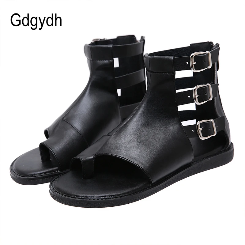 Gdgydh Retro Vintage Flat Sandals Summer Women Japanese Style Fashion Buckle Summer Shoes Open Toe Back Zipper Black Leather