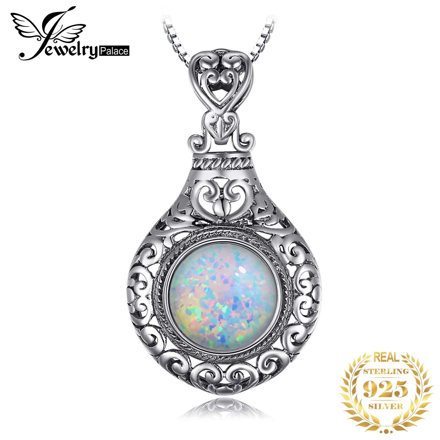 

JewelryPalace Vintage 2.5ct Cabochon Created Opal 925 Sterling Silver Heart Love Statement Pendant Necklace Choker No Chain