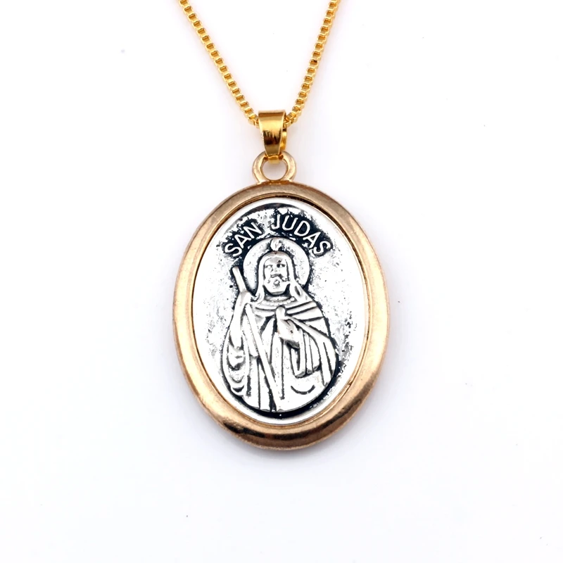 1Pcs Two-Tone San Judas Tadeo Ruega Por Nosotros Alloy Pendant Necklaces For Men & Woman Religious Belief Jewelry Accessories