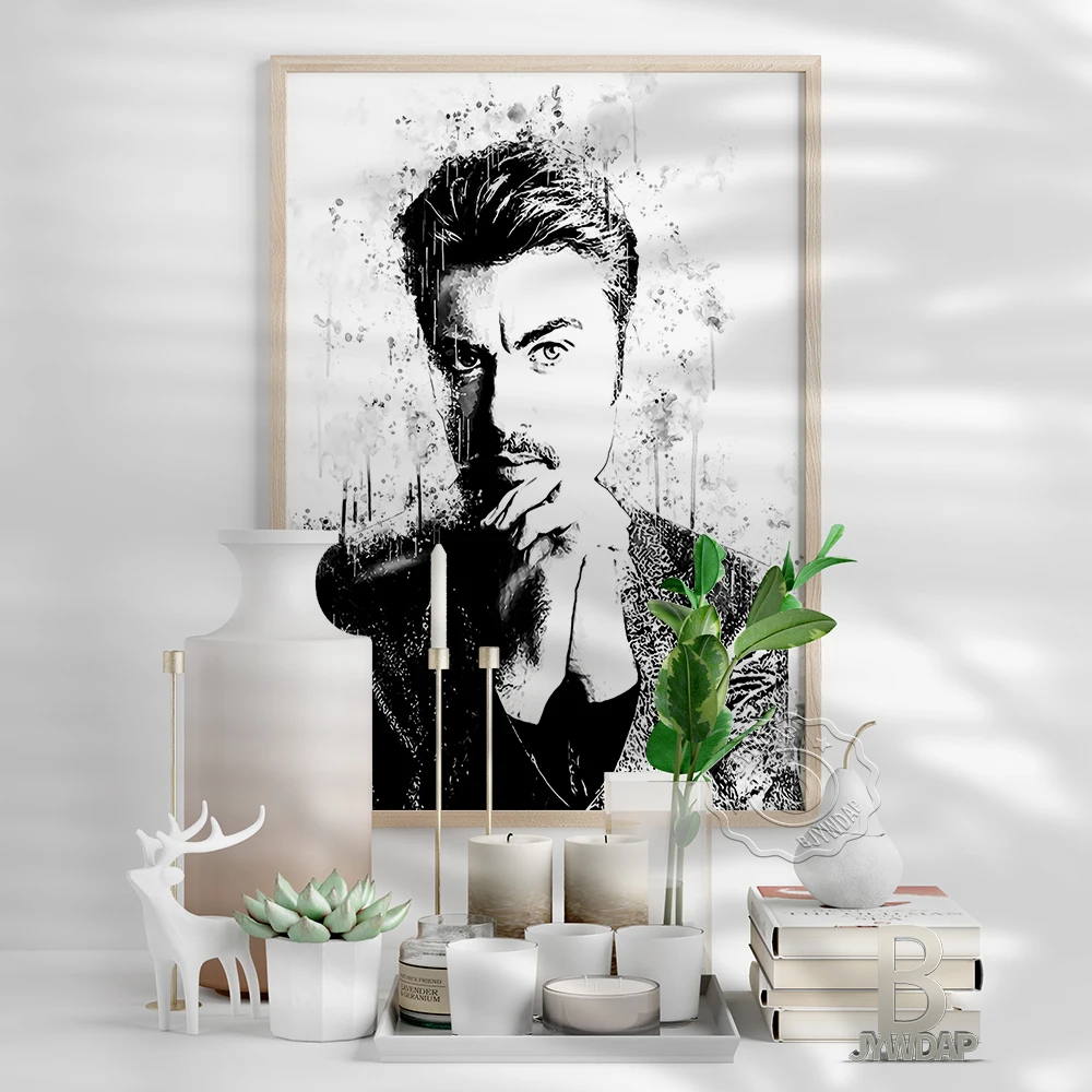 George Michael Black White Printing Poster, English Singer-Songwriter Portrait Watercolour, Minimalism Nordic Style Home Decor