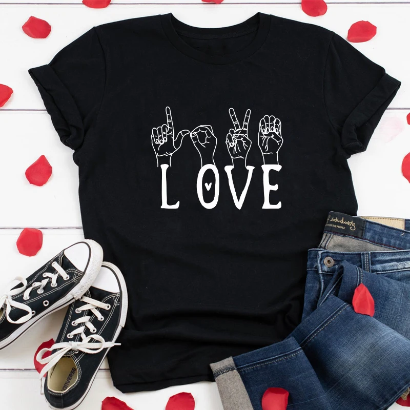 Love Sign Language T-shirt Funny Unisex Valentine's Day Gift Tshirt Fashion Women Short Sleeve Graphic Valentine Top Tee